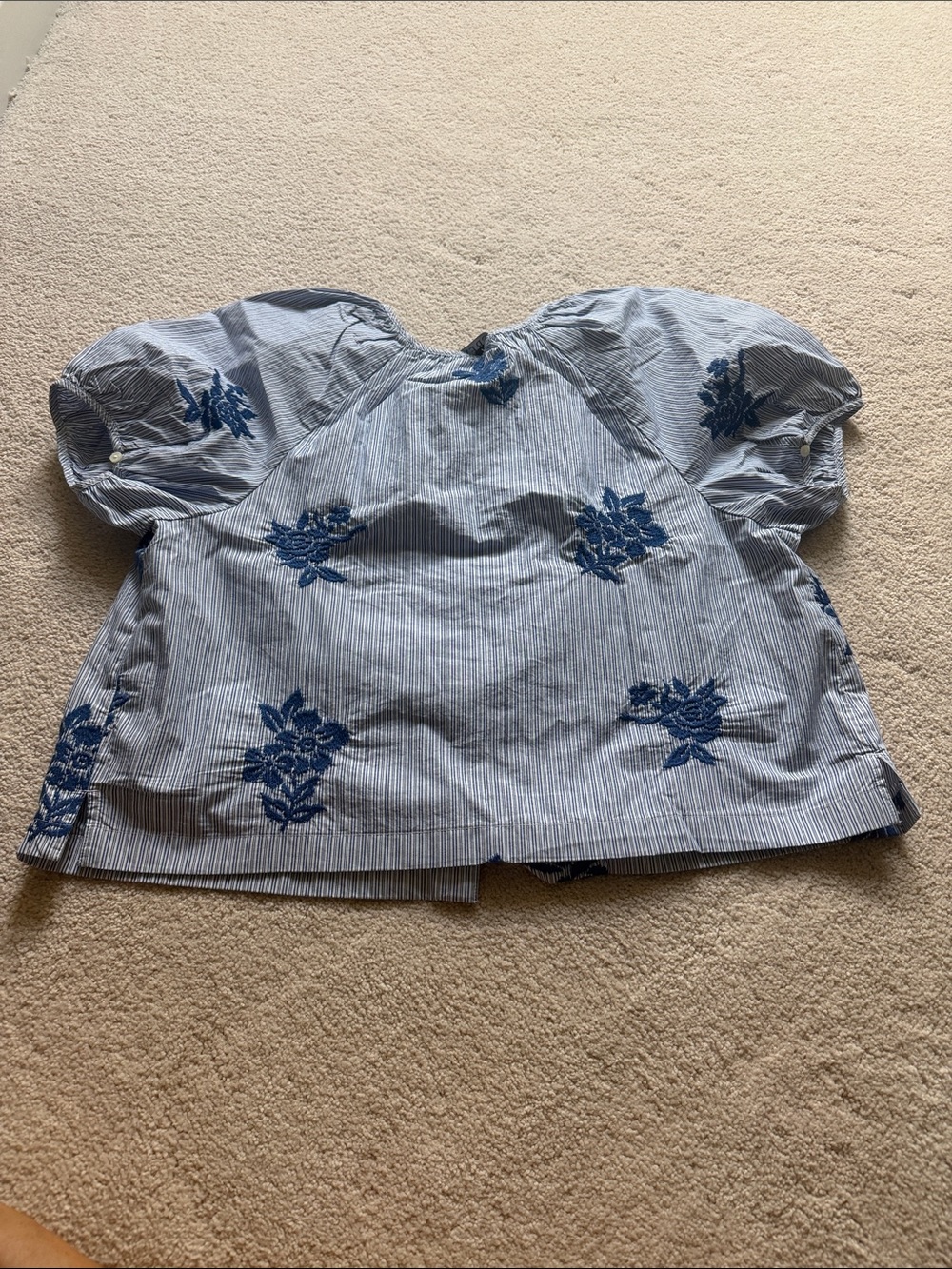 J. Crew Light Blue Striped Blouse with Navy Floral Embroidery - Picture 3 of 3